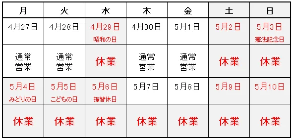 GW期間の営業日および休業日
